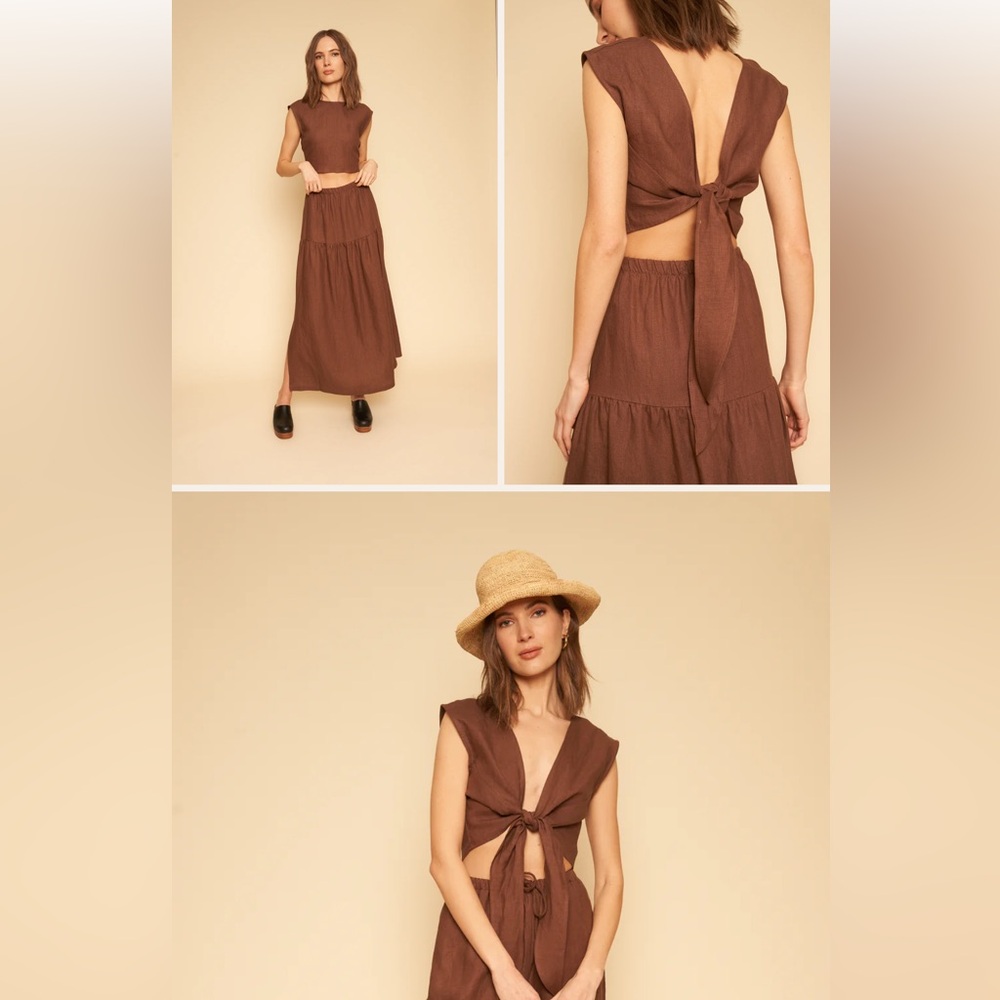 Sustainable brown linen wrap top, multiple ways to wear.